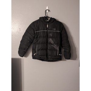 Eddie Bauer Black Gray Reflective Puffer Coat Hooded Down Size M Fleece READ